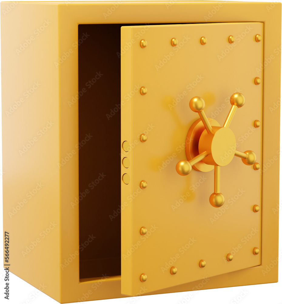 Poster retro safe with wheel handles. yellow open storage. png icon on transparent background. 3d rendering