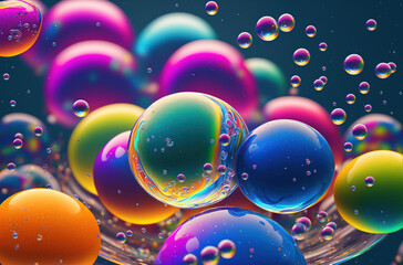 Rainbow soap bubbles. Multicolored glass balls. Bright abstract background. 3D rendering. Generative AI