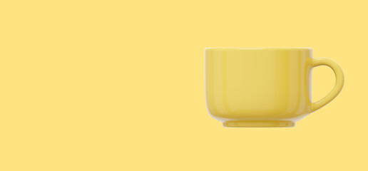 Yellow mug. 3D rendering. Icon on yellow background, space for text.