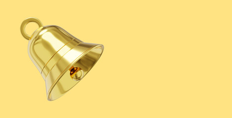 Obraz na płótnie Canvas Bell metal gold, notification symbol. 3D rendering. Icon on yellow background, space for text.