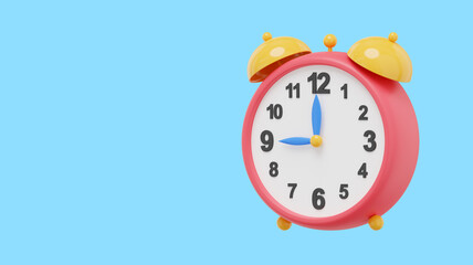 Multicolored vintage alarm clock, side view. 3d rendering. Icon on blue background, space for text.