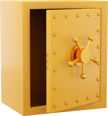 Retro safe with wheel handles. Yellow open storage. PNG icon on transparent background. 3D rendering.