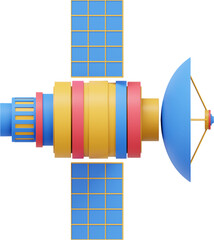 Space satellite with an antenna. Orbital communication station intelligence, research. 3D rendering. Multicolored PNG icon on transparent background.
