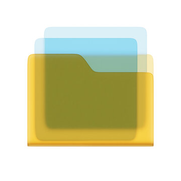 Glass computer folder with sheets of paper, files, interface element. 3D rendering. PNG icon on transparent background.
