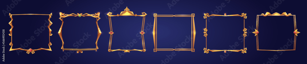 Poster empty square golden frames in medieval style for game ui design. vector cartoon set of user interfac