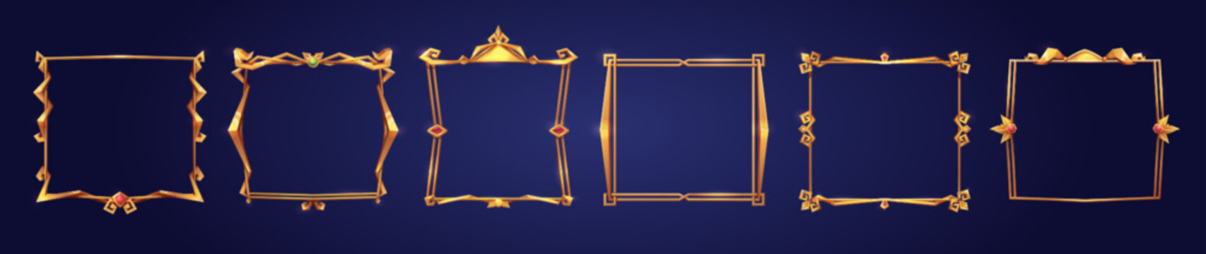Empty square golden frames in medieval style for game ui design. Vector cartoon set of user interface elements with gold metal flourish thin border with gems isolated on background
