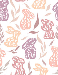 Vector seamless pattern with decorated rabbits and leaves. Texture with folk art hares and foliages in pastel colors on white background.