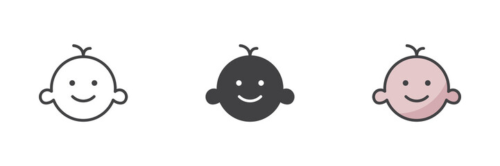 Smiling baby face different style icon set
