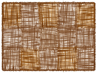 Rectangular ructic checkered rug, mat, carpet, doormat, plaid with rough grunge striped intersecting elements and fringe  in brown, orange colors isolated on white