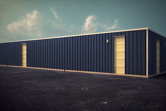 Storage Units Warehouse Near Under Construction Mobile Home Park With Manufactured Houses And Slab Foundation Works In Rochester, New York, USA. Generative AI