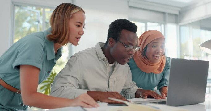 Business people, laptop and teamwork with stress for glitch, 404 error and it help from black man for women. Muslim executive, woman and problem with computer in modern office with group for solution