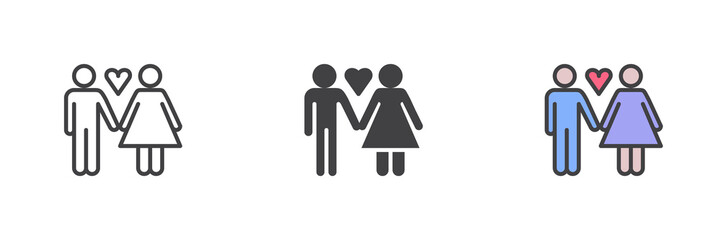 Couple, man and woman with heart different style icon set