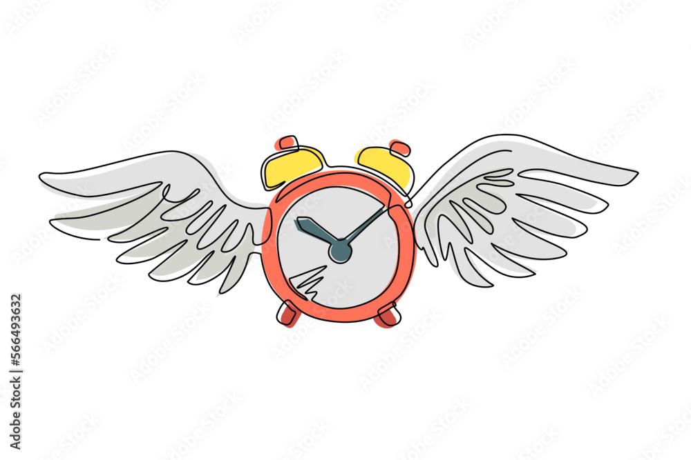 Poster single continuous line drawing time flies concept. table alarm clock with wings. flat flying clock. 