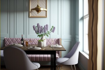 Dining Room Interior Design Mid-Century Modern Series: White walls with light wood paneling, vintage inspired furnishings, and pops of pastel hues. Generative AI
