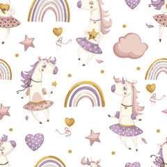 Seamless vector pattern with cute unicorns and rainbow with neutral colors on white background. Perfect for baby kids textile, wallpaper or print design.
