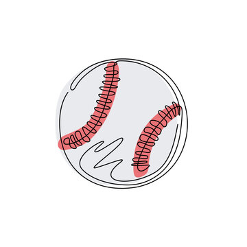 Single continuous line drawing leather baseball ball symbol logo. Decoration for greeting cards, posters, patches, prints for clothes, emblems. Dynamic one line draw graphic design vector illustration