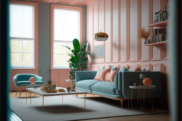 Living Room Interior Design Mid-Century Modern Series: White walls with light wood paneling, vintage inspired furnishings, and pops of pastel hues. Generative AI
