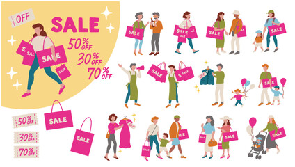 セールのショッピングをするフォミリーやカップルなどの人物ベクターイラスト Vector illustration of a family and other people enjoying discount sale shopping.