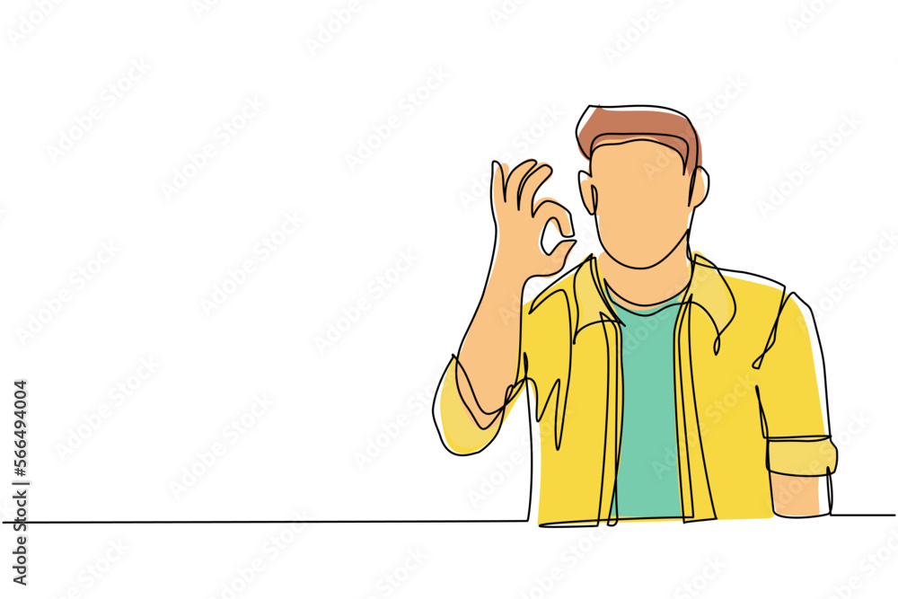 Poster continuous one line drawing man in casual clothes gesturing ok sign. okay sign, gesture language con