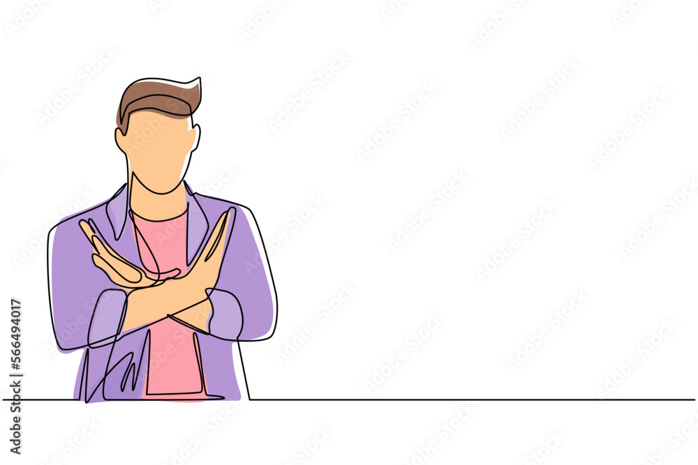 Aufkleber continuous one line drawing young man crossing arms and saying no gesture. person making x shape, st