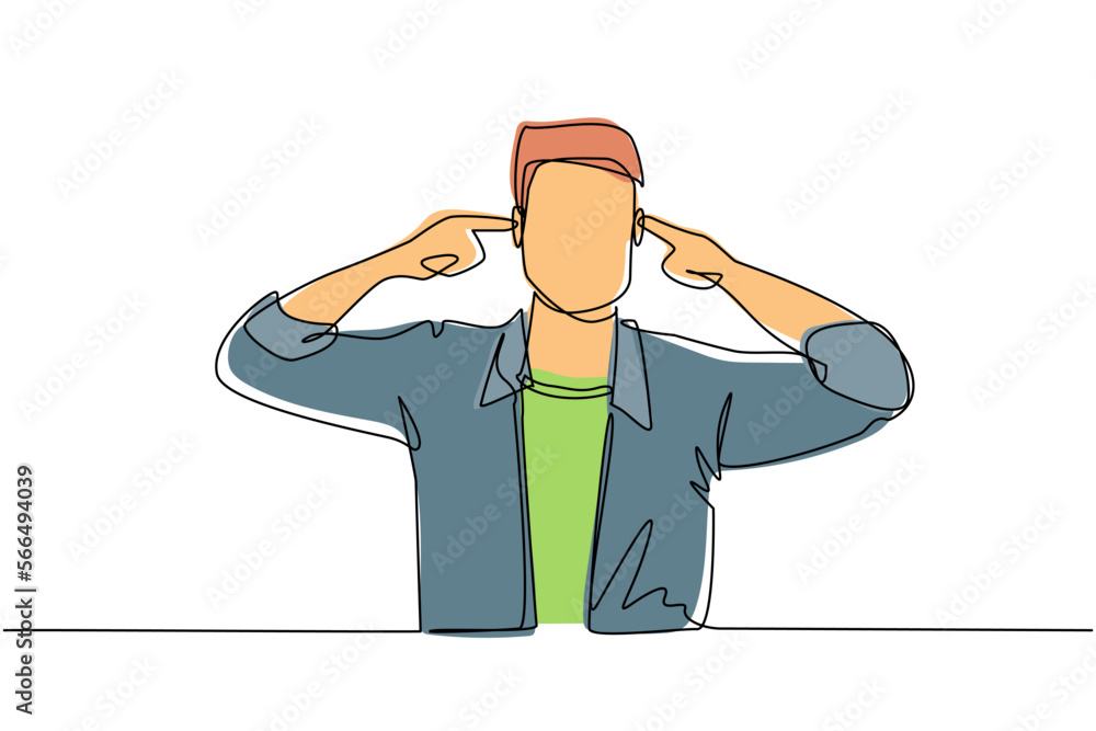 Poster continuous one line drawing man covering ears with fingers with annoyed expression for the noise of 