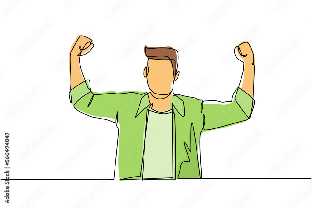 Poster single continuous line drawing happy employee of company stands in strong pose. businessman gestures