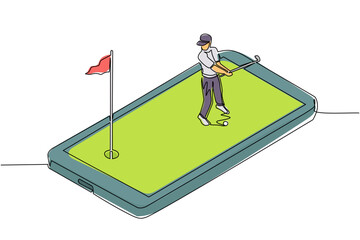 Continuous one line drawing male golfer playing golf on smartphone screen. Professional sports competition: golf, player hitting ball with club, mobile app. Single line draw design vector illustration