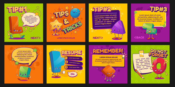 Tips and tricks banner templates set for social media. Contemporary vector illustration of colorful tutorial and reminder note layouts with funny letter, geometric figure characters, place for text