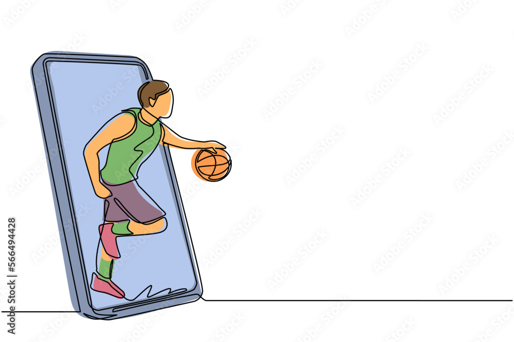 Poster single continuous line drawing basketball player running and dribbling with ball out of smartphone s