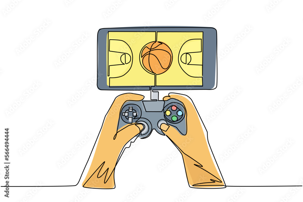 Poster single one line drawing smartphone connected with gamepad and playing basketball games. mobile baske