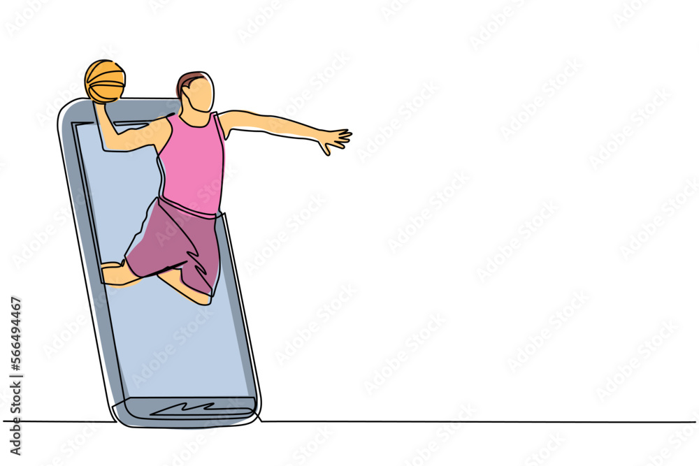 Aufkleber single one line drawing basketball player jump and doing slam dunk ball out of smartphone screen. on