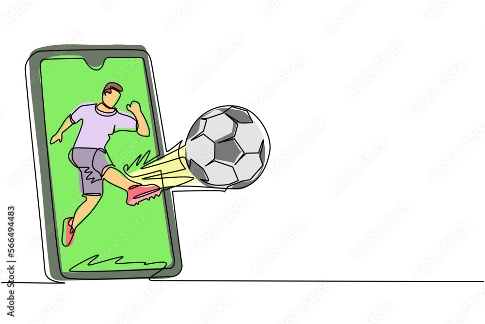 Poster single continuous line drawing soccer player shooting ball and getting out of smartphone screen. mob