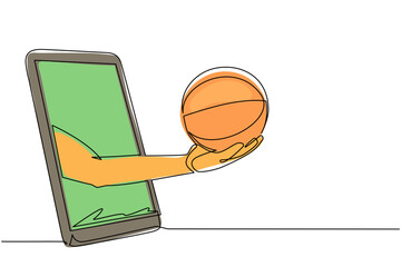 Single continuous line drawing player hand holds basketball ball through mobile phone. Smartphone with app basketball. Mobile sports stream championship. One line draw design vector illustration