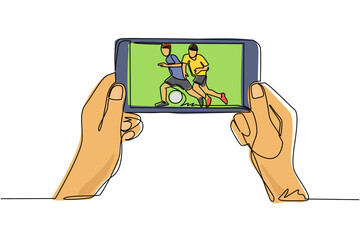 Single one line drawing soccer or football league live streaming on mobile phone. Man hands holding smartphone and watch any live football match online. Continuous line draw design vector illustration