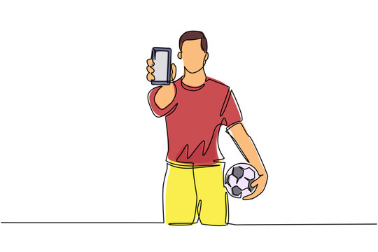 recommend clip art: Single continuous line drawing soccer player holding football ball and smartphone. Mobile football soccer. Mobile sport play match. Online soccer game with live mobile app. One line draw design vector