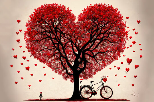 Attractive Love tree and bicyle with hearts