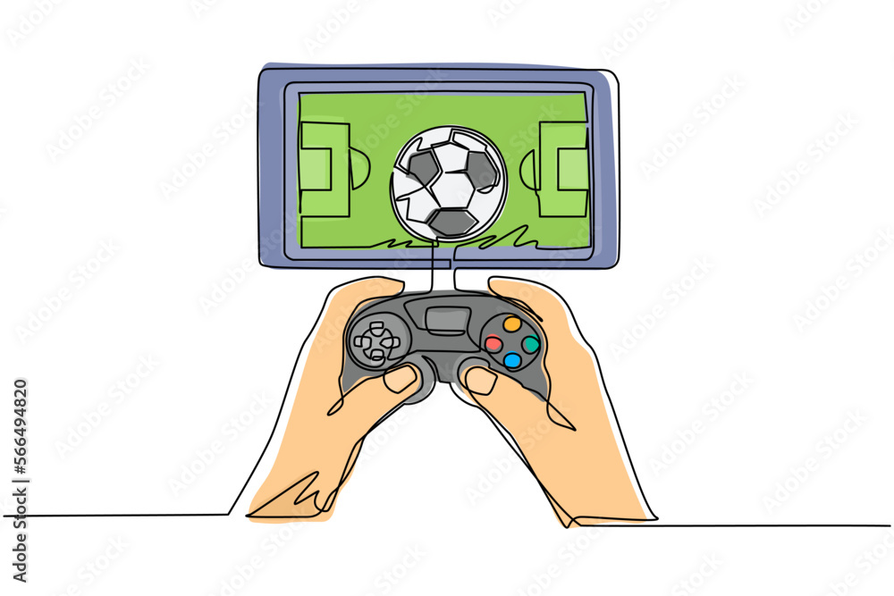 Poster single continuous line drawing smartphone connected with gamepad and playing football games. online 