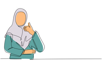 Single one line drawing confident Arab business woman thumbs up. Excited female dressed in hijab showing thumbs up sign. Deal, like, agree, approve, accept. Continuous line draw design graphic vector