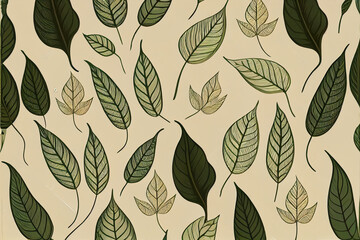 Fototapeta premium Pattern of natural tree leaves design on beige background, ornament of autumn leaves, flora. Generative AI