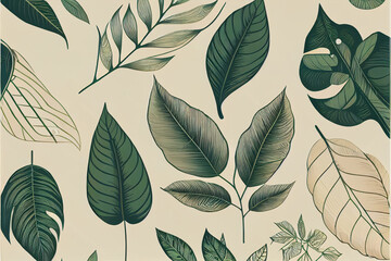  Pattern of natural tree leaves design on beige background, ornament of autumn leaves, flora. Generative AI
