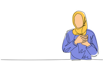 Single continuous line drawing Arabian woman keeping hands on chest. Female suffering from chest pain or heart attack. Health care concept. Emotion, body language. One line draw graphic design vector
