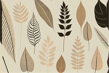 The pattern of natural leaves on a beige background, an ornament of autumn leaves, flora. Generative AI