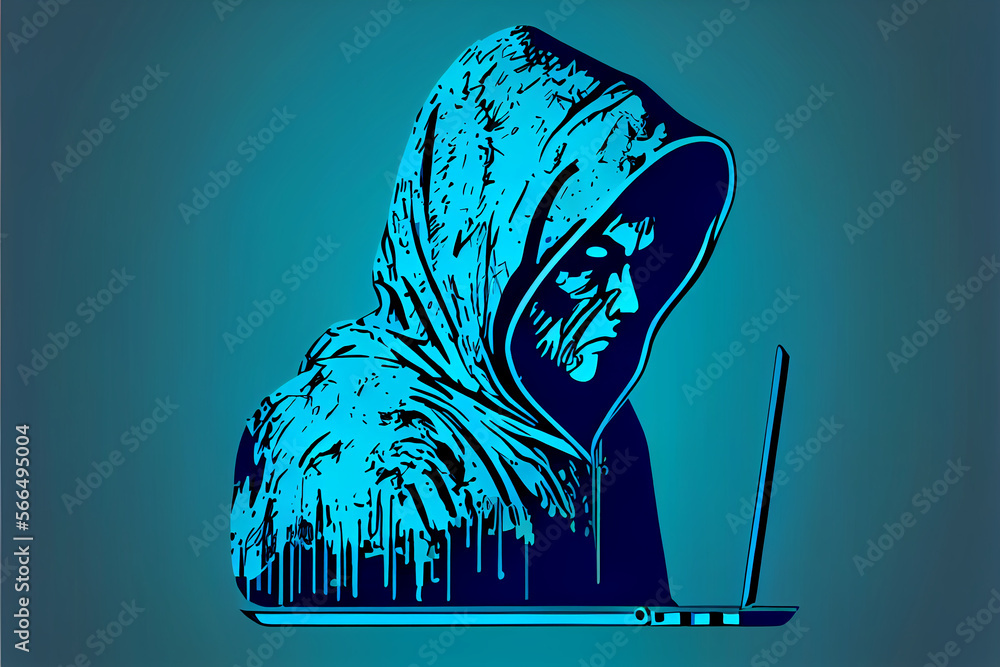 Poster icon of a hooded hacker at a computer online in the meta universe, online cyberspace on the internet