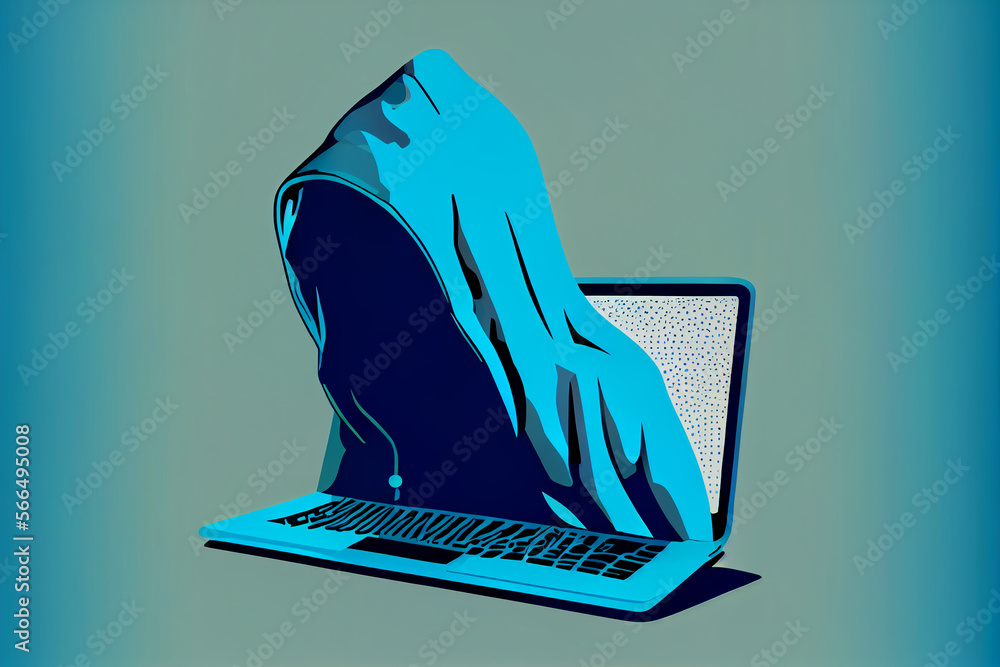 Poster icon of a hooded hacker at a computer online in the meta universe, online cyberspace on the internet