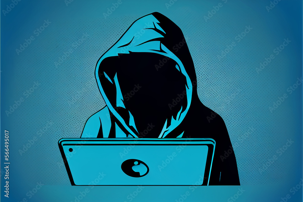 Poster icon of a hooded hacker at a computer online in the meta universe, online cyberspace on the internet
