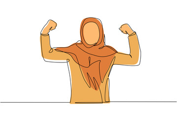 Continuous one line drawing happy Arabian female employee of company stands in strong pose. Businesswoman gestures hand. Office worker. Achievement concept. Single line draw design vector illustration