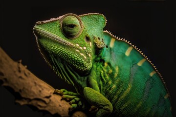 Green colored chameleon close up.  - AI Generated