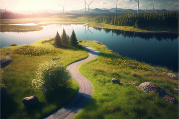 Landscape green with windmills and rivers, green energy, electricity generation, eco-concept, top view.  Generative AI