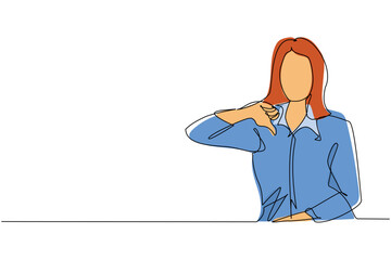 Single one line drawing unhappy young woman showing thumbs down sign gesture. Dislike, disagree, disappointment, disapprove, no deal. Emotion, body language concept. Continuous line draw design vector