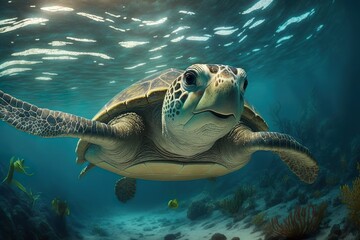 Portrait of a sea turtle swimming underwater. generative ai